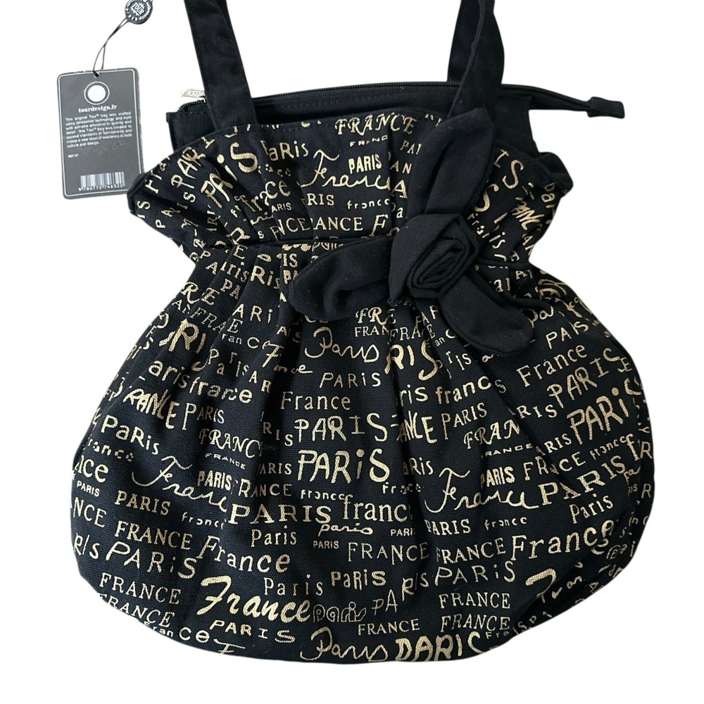 Tour Souvenir Purse Paris Logo French Canvas Shoulder Bag Black Gold New